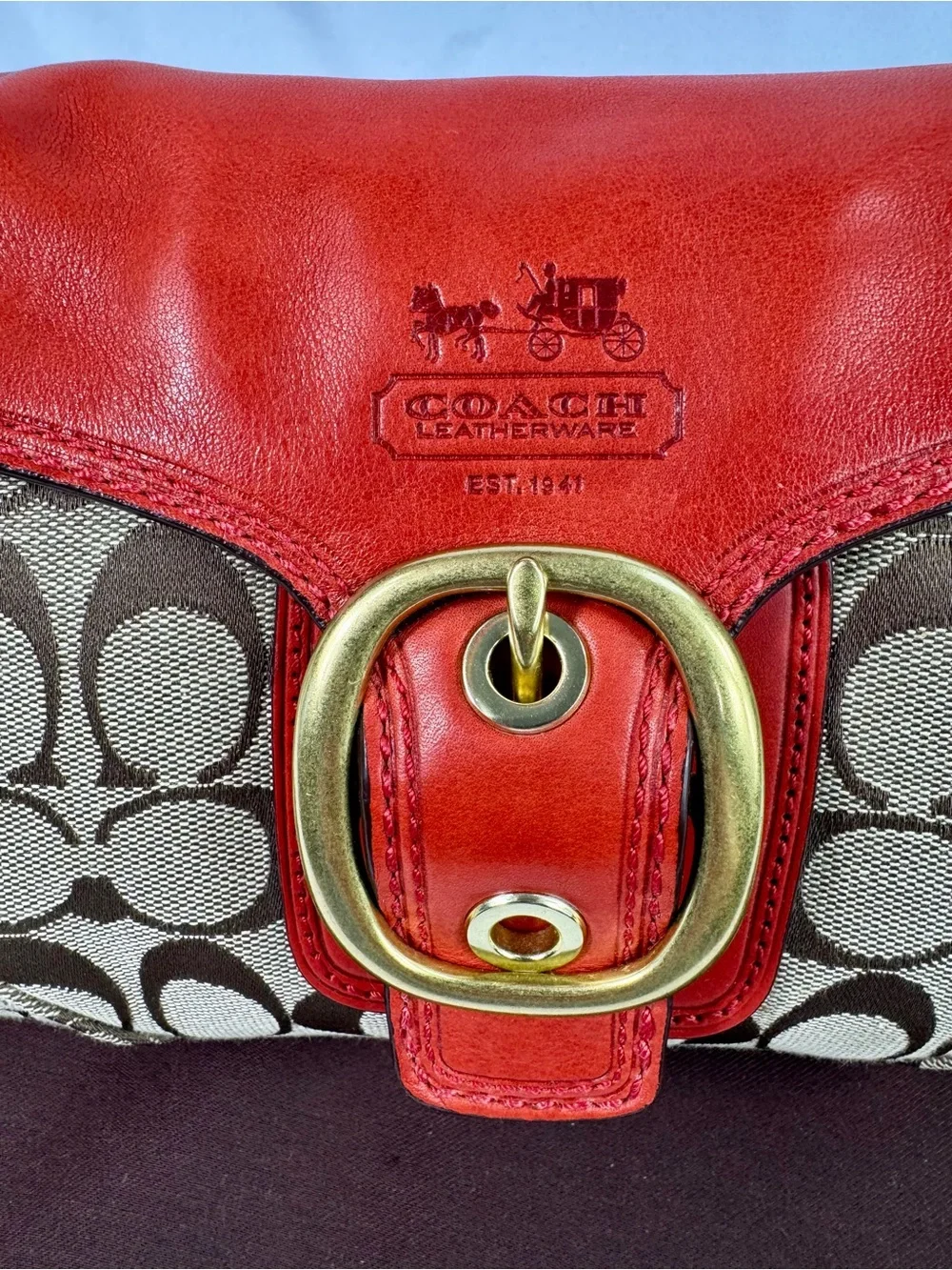 Coach Bleecker Red /Tan Leather Canvas Legacy Flap Soho Handbag #11441 EUC - Picture 6 of 10
